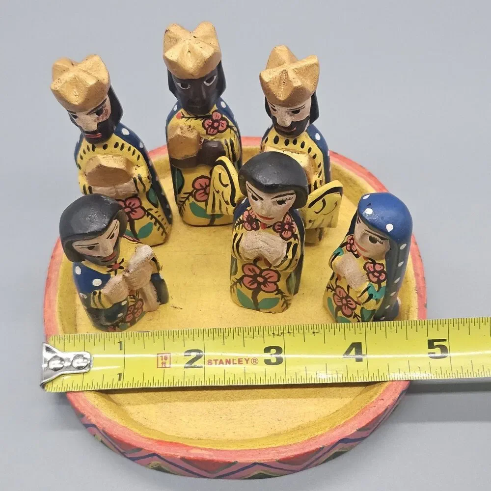 Handpainted Wooden Nativity Set Folk Art Colorful Table Piece Handcarved Mexico
